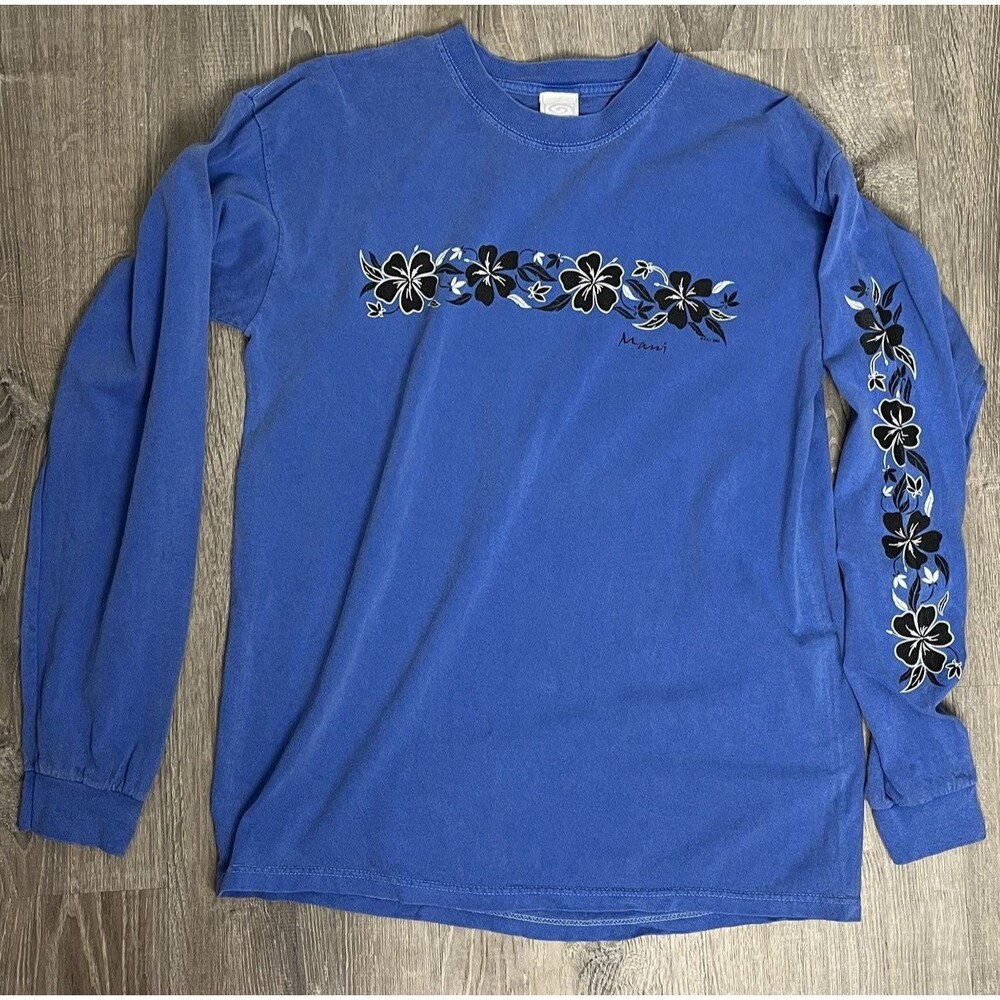 Vintage Maui T Shirt Floral Long Sleeve Hawaii Souvenir Men Size Large Y2K Blue‎